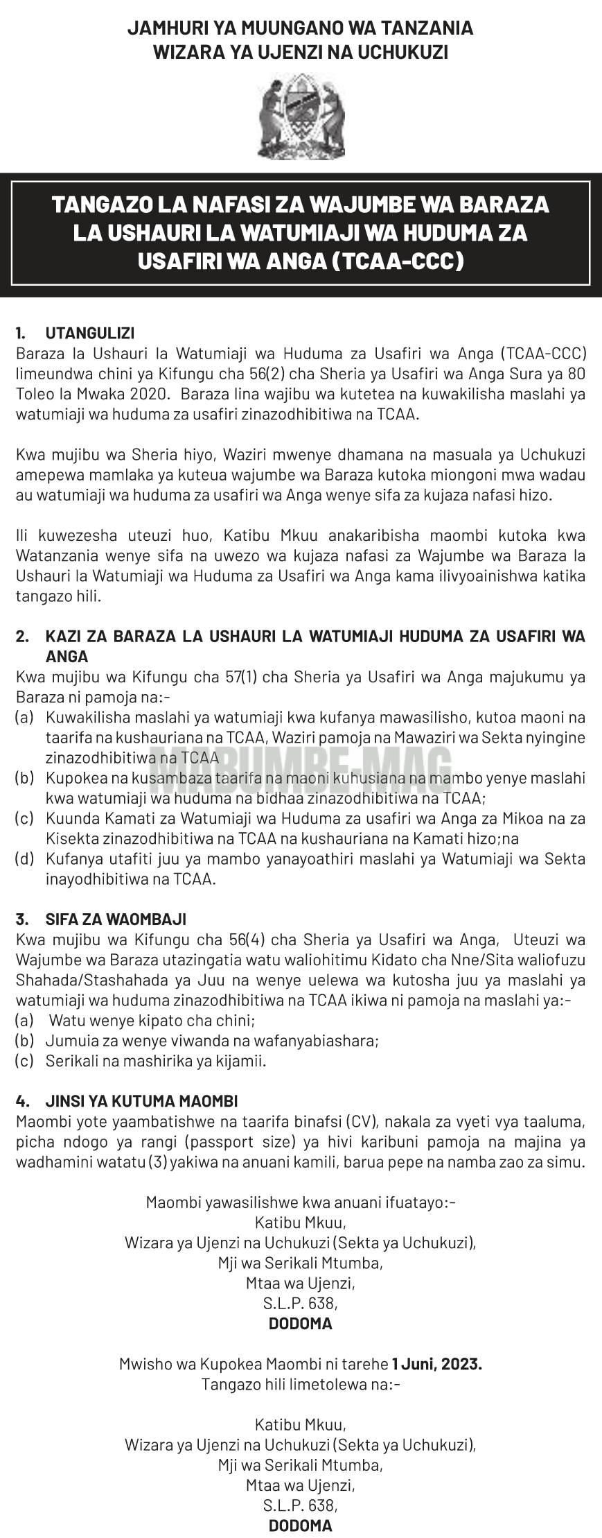 You are currently viewing NAFASI ZA WAJUMBE WA BARAZA LA USHAURI LA WATUMIAJI WA HUDUMA ZA USAFIRI WA ANGA (TCAA-CCC) May, 2023